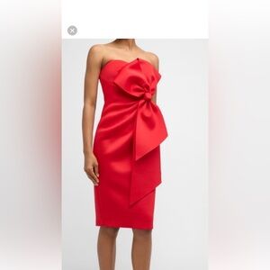 NWT $398 BADGLEY MISCHKA Strapless Bow Front Bodycon Scuba Midi Dress Red US 8